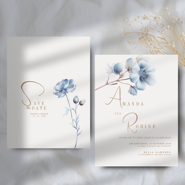 Invitation Élégant Mariage Floral Bleu (Créateur téléchargé)