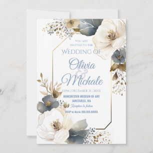 Invitation Elégant Mariage Floral Bleu Aquarelle Or Cadre