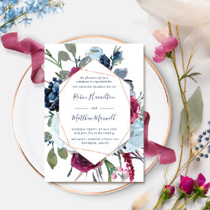 Invitation Elégant Mariage floral bleu Berries géométriques