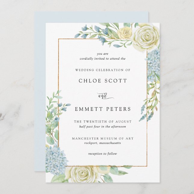 Invitation Élégant Mariage floral bleu blanc (Devant / Derrière)
