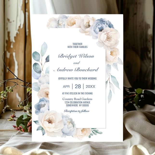 Invitation Élégant Mariage floral bleu blanc (Créateur téléchargé)