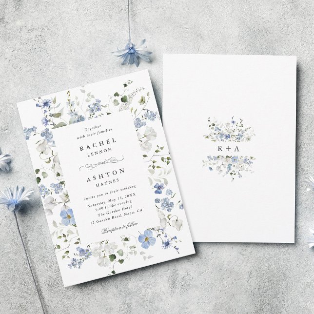 Invitation Élégant mariage floral bleu blanc vert   (Front & Back)