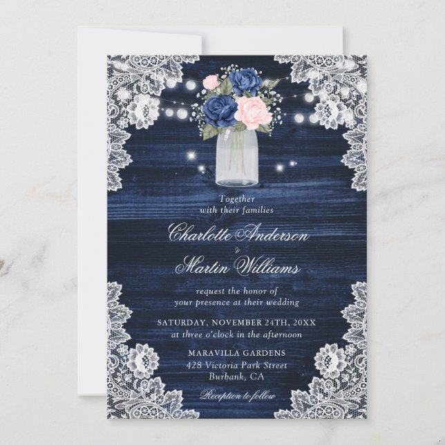 Invitation Élégant Mariage floral bleu bleu bleu rose (Devant)