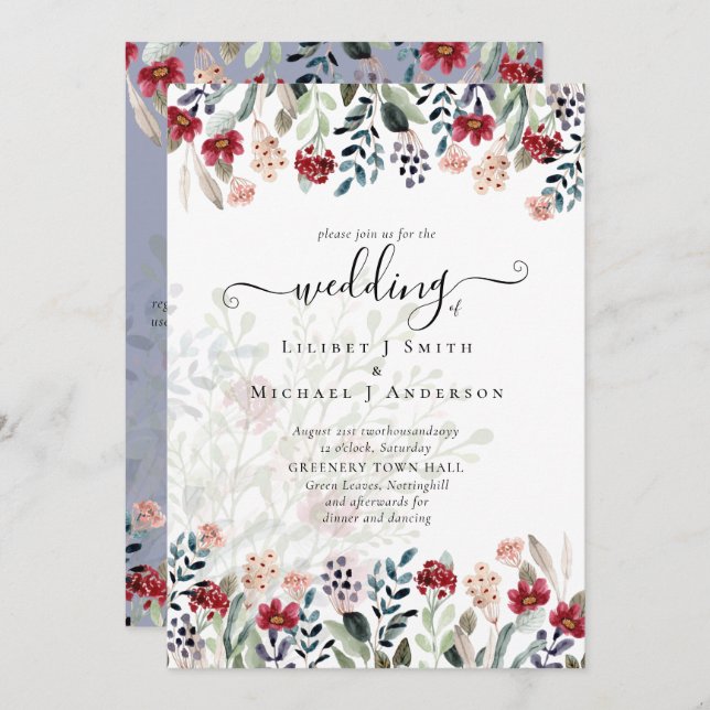 Invitation Elégant Mariage floral bleu bordeaux Dusty (Devant / Derrière)