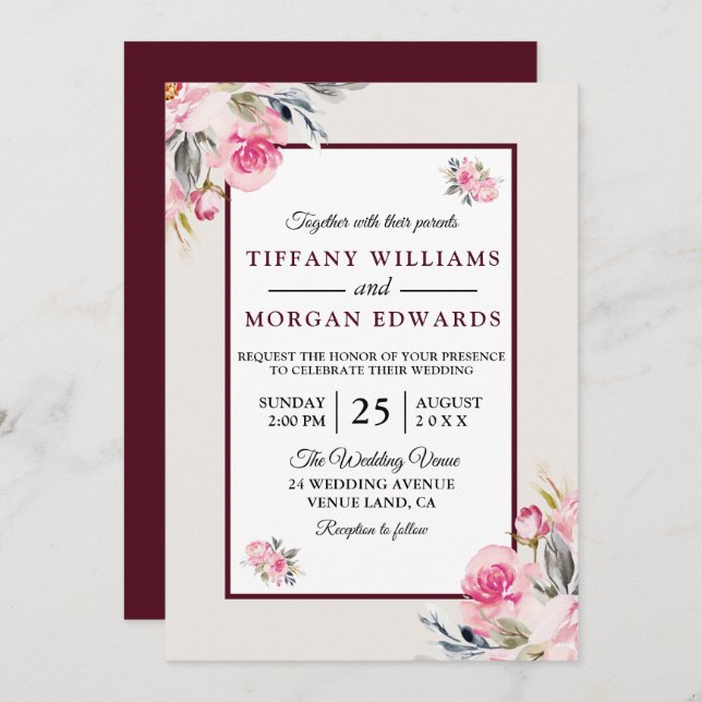 Invitation Élégant Mariage floral bleu bordeaux romantique (Devant / Derrière)