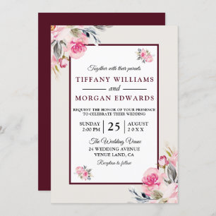 Invitation Élégant Mariage floral bleu bordeaux romantique