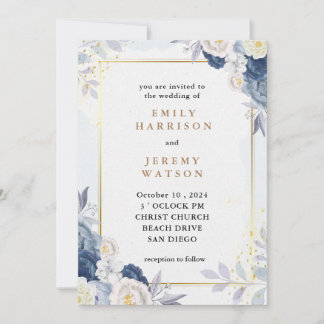 Invitation Élégant Mariage floral bleu clair