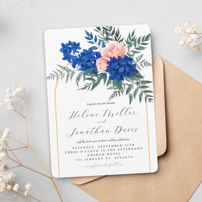 Invitation Élégant Mariage floral bleu Cobalt (Stylish Floral Elegant Cobalt Blue Pink Wedding Invitation)