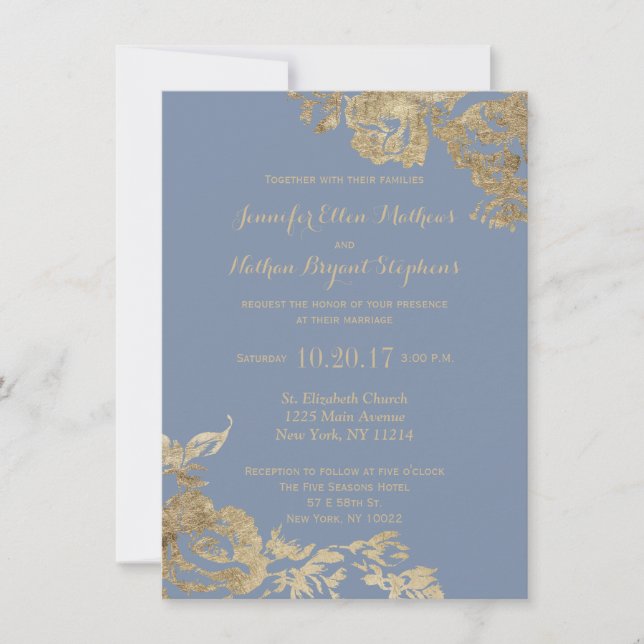 Invitation Élégant Mariage floral bleu doré simple (Devant)