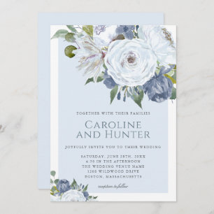 Invitation Elégant Mariage floral bleu et blanc aquarelle
