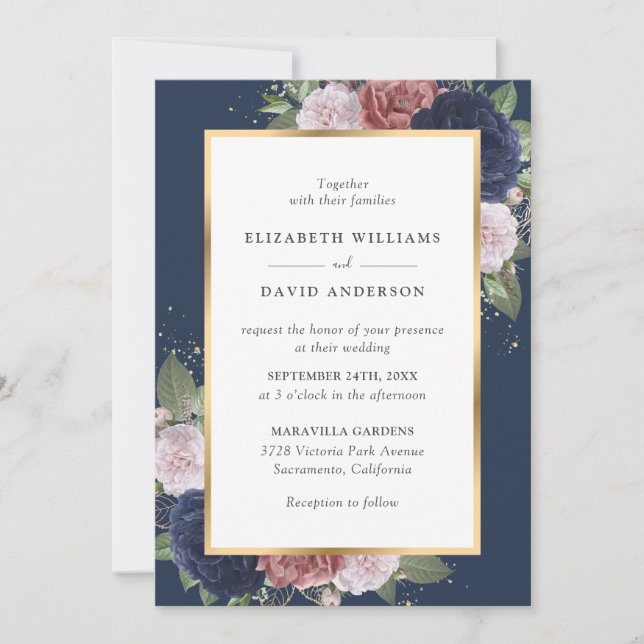 Invitation Elégant Mariage floral bleu et bleu marine (Devant)
