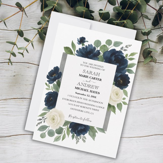 Invitation Elégant Mariage floral bleu et ivoire de la marine (Elegant Navy Blue & Ivory Floral Wedding Invitation)