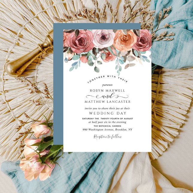 Invitation Elégant Mariage floral bleu éthérée (Créateur téléchargé)