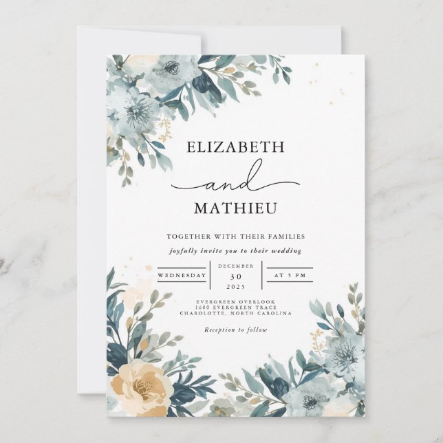 Invitation Élégant Mariage floral bleu foncé (Devant)