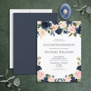 Invitation Elégant Mariage floral bleu marine