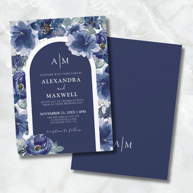 Invitation Elégant Mariage floral bleu marine (Elegant Navy Blue Floral Wedding Invitation)