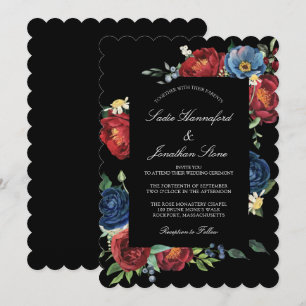 Invitation Élégant mariage floral bleu marine bordeaux rouge
