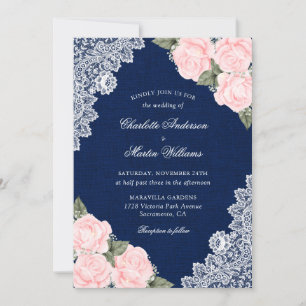 Invitation Élégant Mariage floral bleu marine et bleu brun