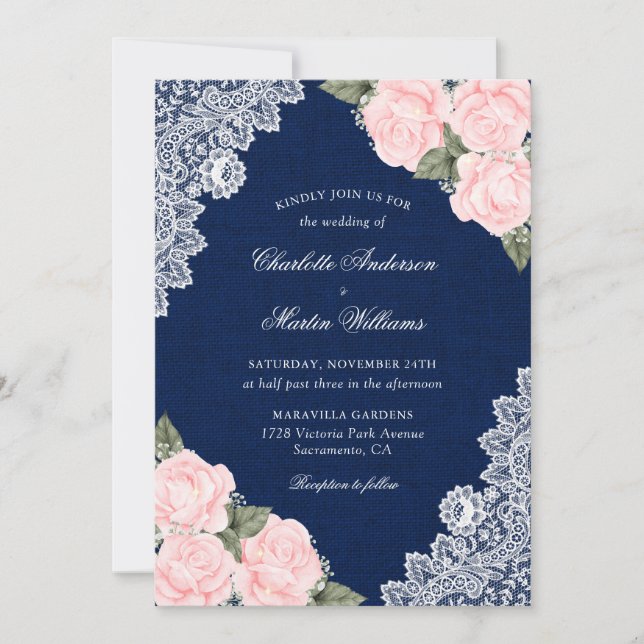 Invitation Élégant Mariage floral bleu marine et bleu brun (Devant)