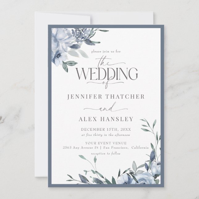 Invitation Élégant Mariage Floral bleu moderne | Code Qr Rsvp (Devant)