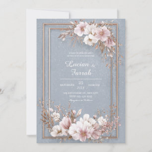 Invitation Élégant Mariage Floral Bleu Poussiéreux et Or Rose