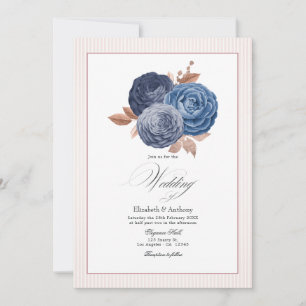 Invitation Élégant Mariage Floral Bleu Poussiéreux et Or Rose