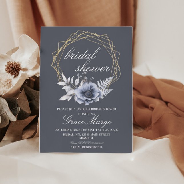 Invitation Élégant mariage floral bleu Script Shower (Créateur téléchargé)
