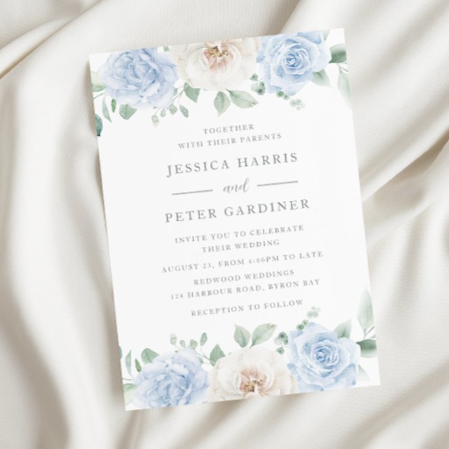 Invitation Élégant Mariage Floral Bleu tendance (Créateur téléchargé)