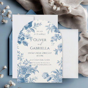 Invitation Élégant Mariage Floral bleu toile française