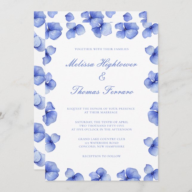 Invitation Élégant Mariage floral Blue Hydrangea (Devant / Derrière)