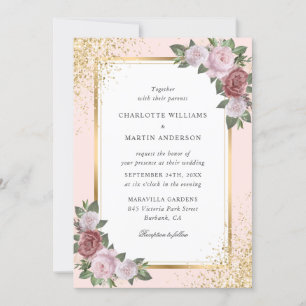 Invitation Élégant Mariage floral Blush Pink Gold Confetti