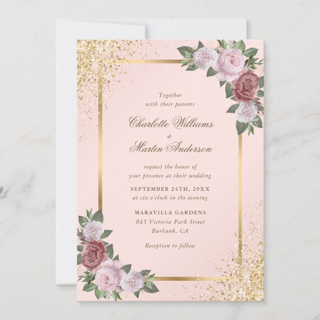 Invitation Élégant Mariage floral Blush Pink Gold Confetti (Devant)