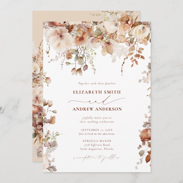 Invitation Élégant Mariage floral Boho (Devant / Derrière)