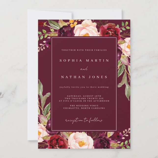 Invitation Elégant Mariage floral bordeaux (Devant)