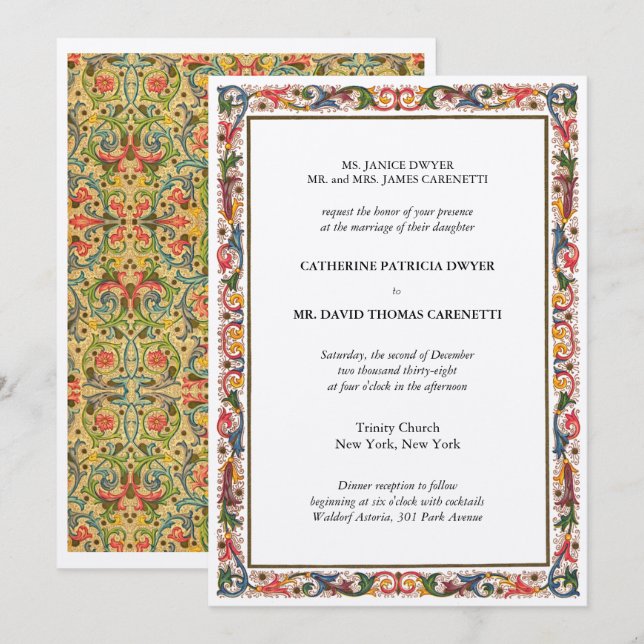 Invitation Elégant Mariage Floral Bordure Bleu & Or (Devant / Derrière)