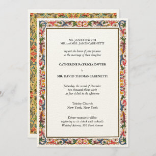 Invitation Elégant Mariage Floral Bordure Bleu & Or