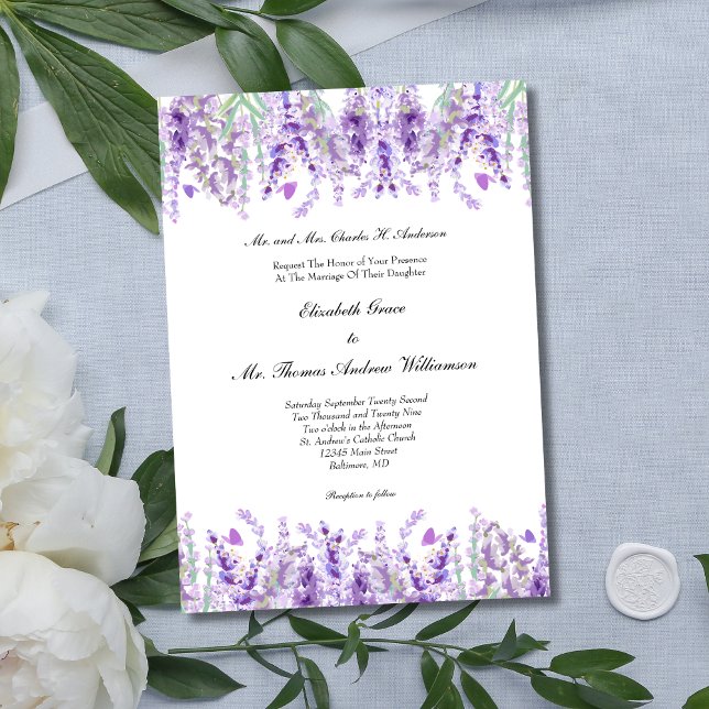 Invitation Élégant mariage floral botanique à la lavande (Lavender Floral Botanical Elegant Watercolor Wedding Invitation)