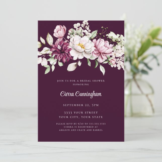 Invitation Élégant Mariage Floral Bourgogne  (Debout devant)