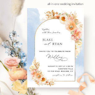 Invitation Élégant Mariage floral brun et bleu