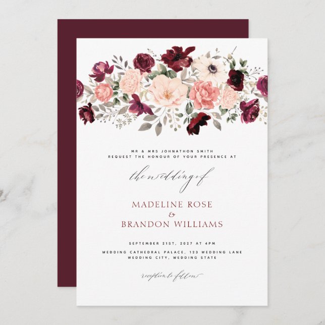 Invitation Élégant Mariage floral Burgundy Blush (Devant / Derrière)