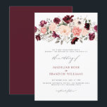 Invitation Élégant Mariage floral Burgundy Blush<br><div class="desc">Belle Elégante Faire-part de mariage Florale Burgundy Blush. Élégant script et texte personnalisable sur ivoire blanc. Orné d'un beau bouquet floral dans les tons de bleu, bordeaux, prune, rose, gris et vert sauge sur blanc ivoire. Le dos est présenté en couleur prune bordeaux rose solide. Nous vous invitations à visiter...</div>