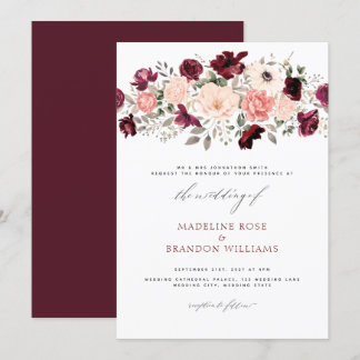 Invitation Élégant Mariage floral Burgundy Blush