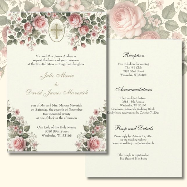 Invitation Élégant mariage floral catholique et réception  (Créateur téléchargé)