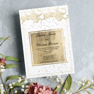 Invitation Élégant Mariage floral confetti blanc et or