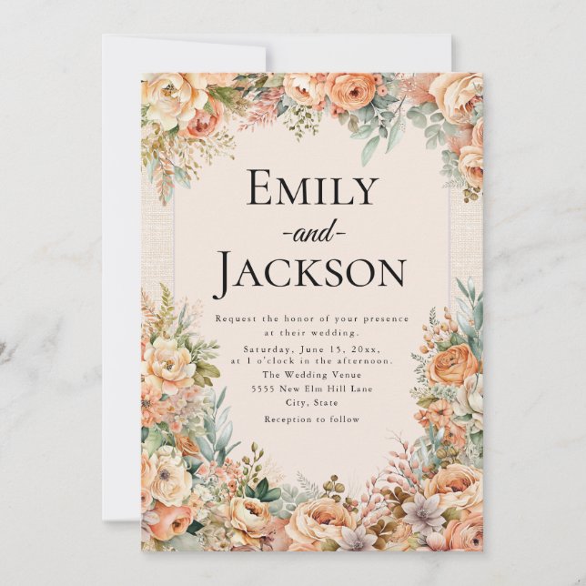 Invitation Élégant Mariage Floral Crème Pêche (Devant)