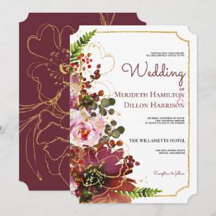 Invitation Élégant Mariage floral de corail rose or bordeaux