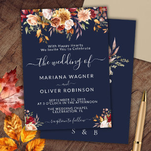 Invitation Élégant Mariage floral de la chute bleue de la mar