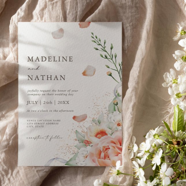 Invitation Elégant Mariage floral de la Pêche (Créateur téléchargé)