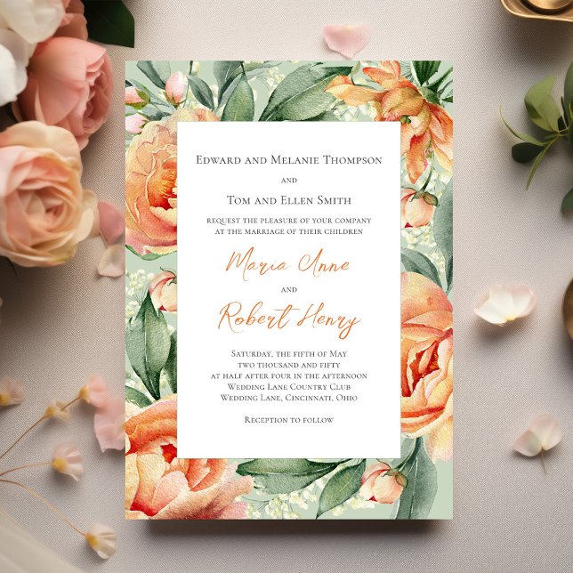 Invitation Elégant Mariage floral de l'aquarelle de pêche (Elegant peach floral wedding save the date photo card)