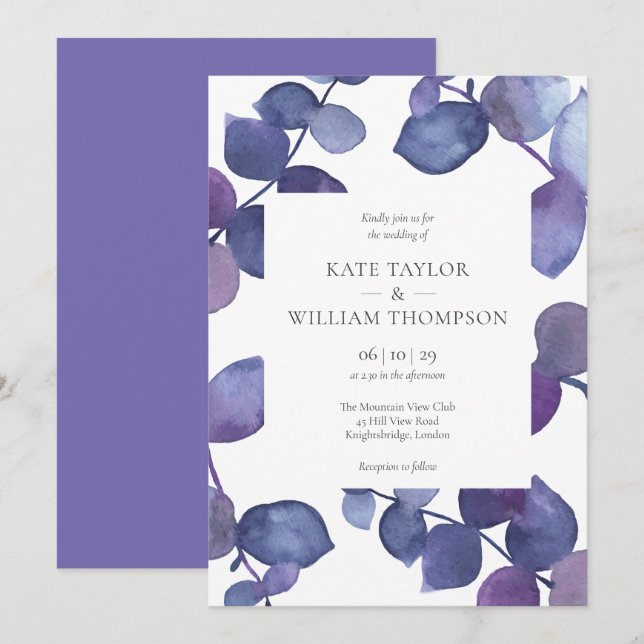 Invitation Élégant Mariage floral de l'Eucalyptus mauve moder (Devant / Derrière)